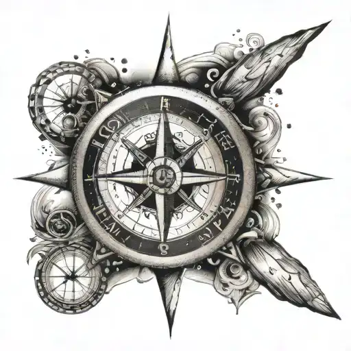 A dotwork tattoo of a compass surrounded by inspirational quotes and symbols of creativity, representing your love for travel, art, and motivating your students to explore new horizons and possibilities tattoo design idea