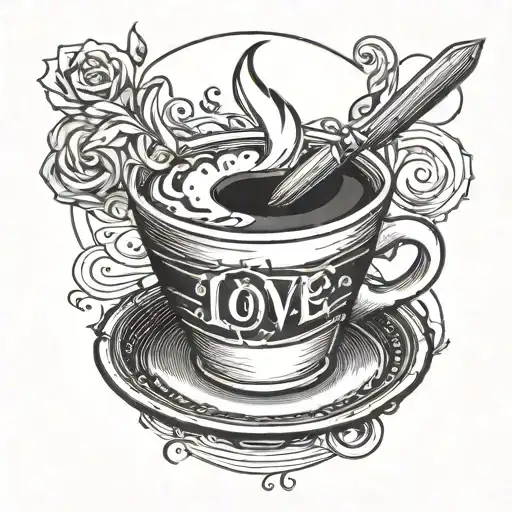 A black and grey tattoo of a coffee cup with a paintbrush and pencil crossed behind it, symbolizing your love for art, teaching, and caffeine, capturing the essence of your daily routines and passions tattoo design idea