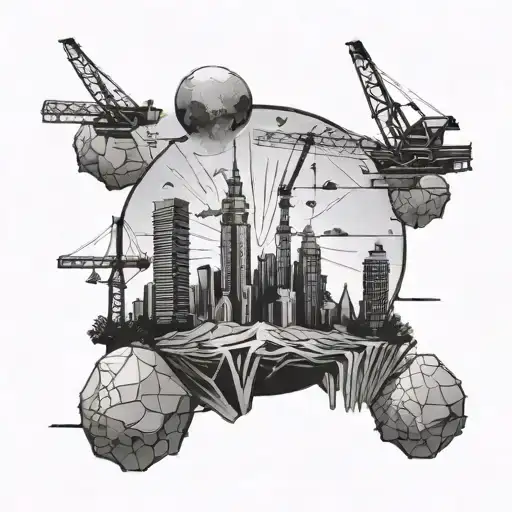 A futuristic cityscape on a space rock with construction cranes reaching for the stars tattoo design idea
