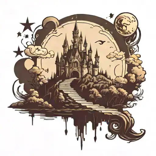 dark fantasy gothic design castle with multiple levels sitting on a floating island, moon and stars tattoo design idea