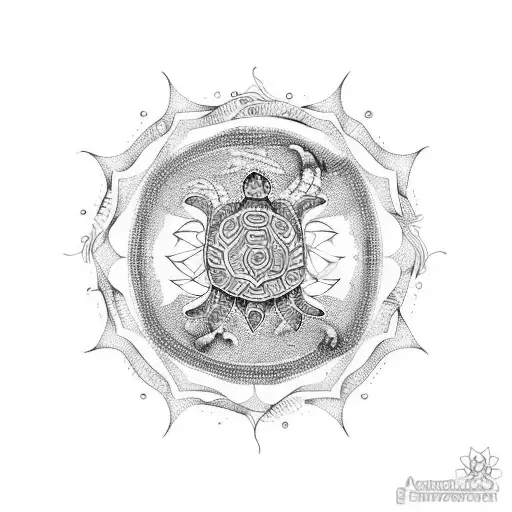 A mesmerizing mandala design incorporating various ocean creatures like turtles, dolphins, and seahorses tattoo design idea