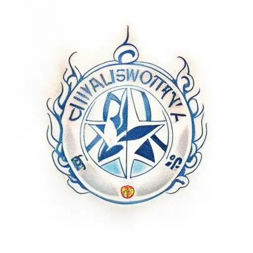 A traditional-style tattoo of the Tottenham Hotspur logo with soccer balls and flames surrounding it tattoo design idea