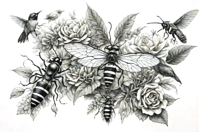 Create a tattoo design featuring birds, bees, ants, and plants, all actively engaged in their tasks. The design should s tattoo design idea