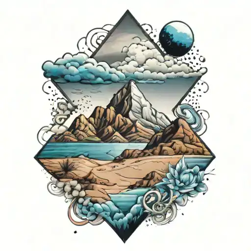 A diamond shape with a view of the sea, desert mountain, and the sky inside, in dot work and fade color from black to blue, tattooed on the back of the arm tattoo design idea