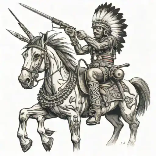 Indian chief on top of a horse raising a rifle above his head tattoo design idea