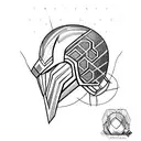 Loki's helmet with golden lines and small green branches growing tattoo design idea
