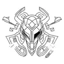 Loki's helmet with golden lines and small green branches growing tattoo design idea