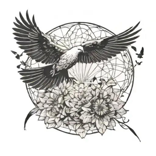 blowing dandelions in half round with dove flying tattoo design idea