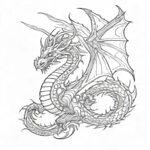 dragon with red shading in wings flying tattoo design idea