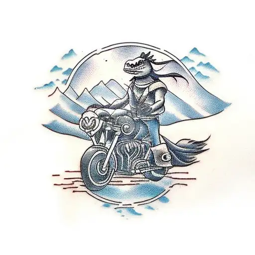 A traditional style tattoo of a turtle riding a motorcycle through a mountainous landscape tattoo design idea