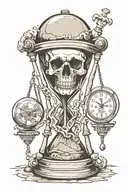 hourglass, globe one side, skull other side broken with sand running out, words saying "time waits for no one" tattoo design idea