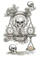 hourglass, globe one side, skull other side broken with sand running out, words saying "time waits for no one" tattoo design idea