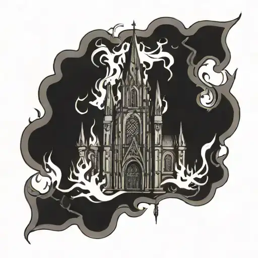 gothic cathedral set on fire flames tattoo design idea