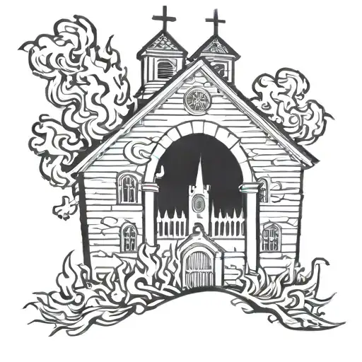church on fire flames tattoo design idea