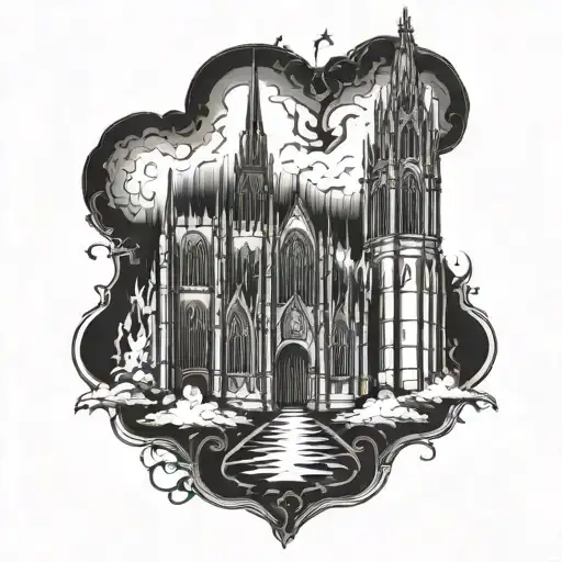 gothic cathedral on fire tattoo design idea