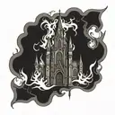 gothic cathedral set on fire flames tattoo design idea