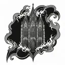 gothic cathedral set on fire flames tattoo design idea