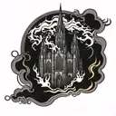 gothic cathedral set on fire flames tattoo design idea