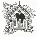 church on fire flames tattoo design idea