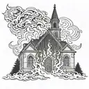 church on fire flames tattoo design idea