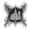 gothic cathedral in flames engulfing tattoo design idea