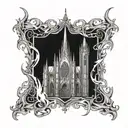 gothic cathedral in flames engulfing tattoo design idea