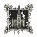 gothic cathedral in flames engulfing tattoo design idea