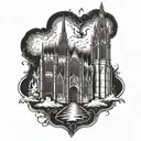 gothic cathedral on fire tattoo design idea