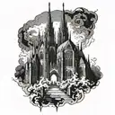 gothic cathedral on fire tattoo design idea