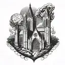 gothic cathedral on fire tattoo design idea