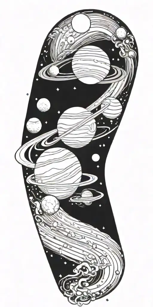 Universe with sun on the shoulder, planets with orbits around biceps and triceps tattoo design idea