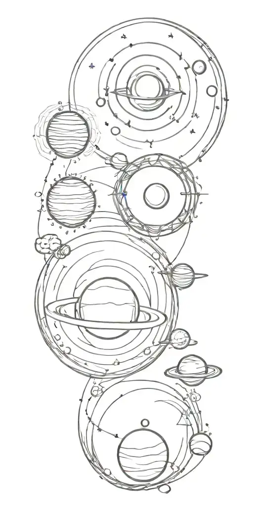 Universe with sun on the shoulder, planets with orbits around biceps and triceps tattoo design idea