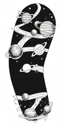 Universe with sun on the shoulder, planets with orbits around biceps and triceps tattoo design idea