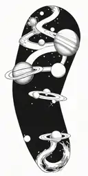 Universe with sun on the shoulder, planets with orbits around biceps and triceps tattoo design idea