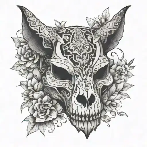 the skull of a cat, flowers and a bull skull tattoo design idea