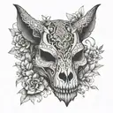 the skull of a cat, flowers and a bull skull tattoo design idea
