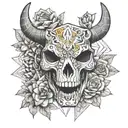 the skull of a cat, flowers and a bull skull tattoo design idea