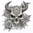 the skull of a cat, flowers and a bull skull tattoo design idea