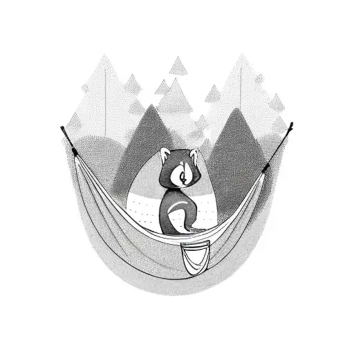 A red panda napping in a hammock between two trees, with a serene expression tattoo design idea