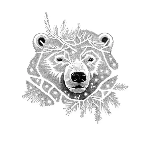 A majestic polar bear surrounded by snowflakes and pine trees wresting with three baby cubs tattoo design idea