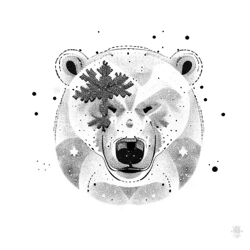 A majestic polar bear surrounded by snowflakes and pine trees tattoo design idea