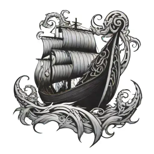 Viking ship sailing across a sea of scorpions tattoo design idea
