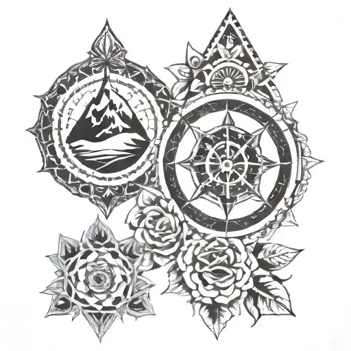 mandala, compass, rose, mountain tattoo design idea