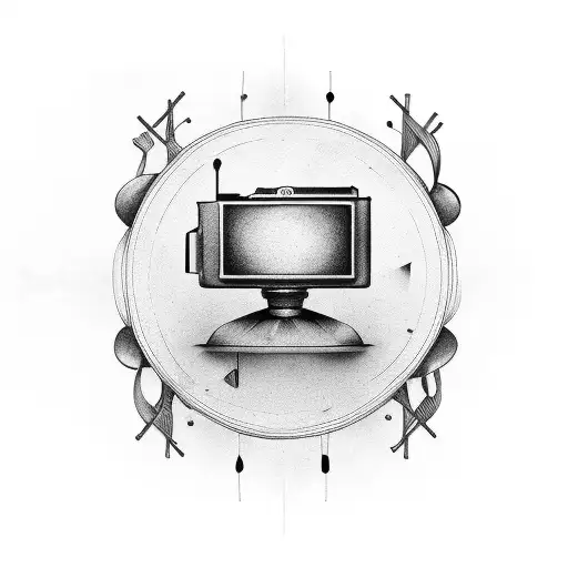 Camera shutter blended with violin strings tattoo design idea