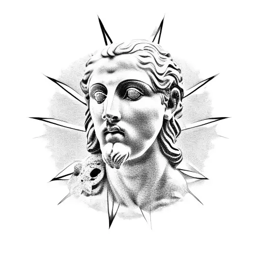 his hand is out of balance. ancient greek statue with scales staring with hatred tattoo design idea