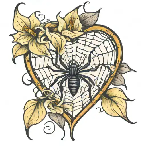 heart shaped spider web with calla lilies around it tattoo design idea