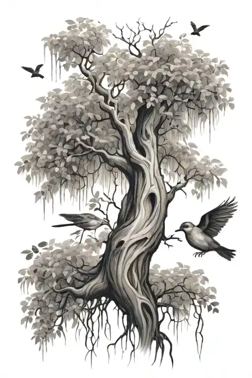 Willow tree and birch tree with vines on the trunk. Two birds at the top flying away  tattoo design idea