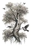 Willow tree and birch tree with vines on the trunk. Two birds at the top flying away  tattoo design idea