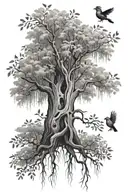 Willow tree and birch tree with vines on the trunk. Two birds at the top flying away  tattoo design idea