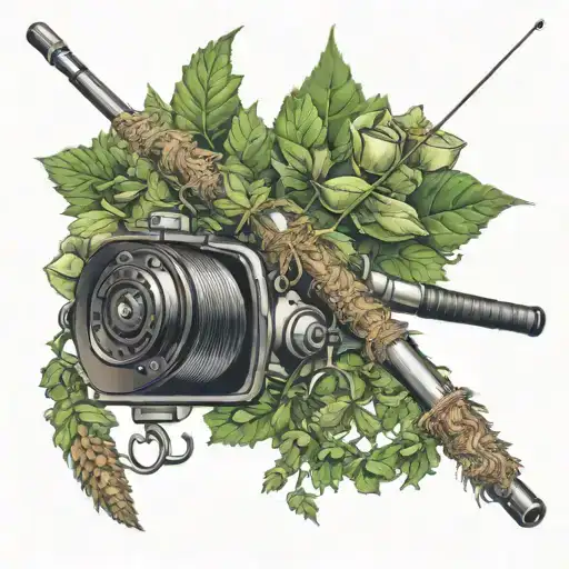 A realistic portrait of a fishing rod and reel intertwined with a wreath of catnip leaves, in memory of Angela and Erich tattoo design idea